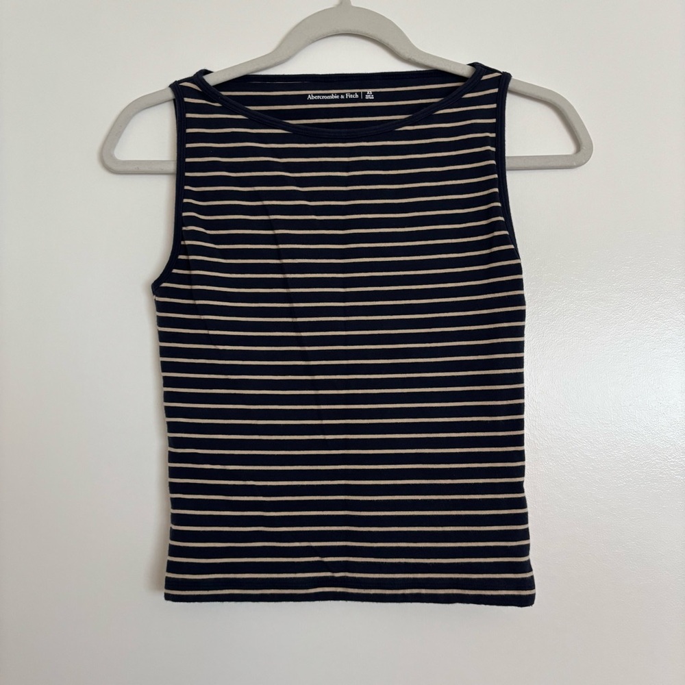 Abercrombie Cotton-Blend Seamless Fabric Boatneck Top in Dark Indigo Stripe